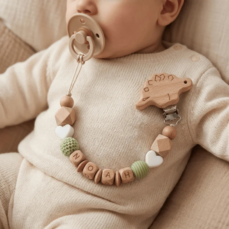 New Personalized Pacifier Clip Custom Name Wooden Dummy Chain Silicone Beads Dinosaur Teether Baby Soother Holder BPA Free