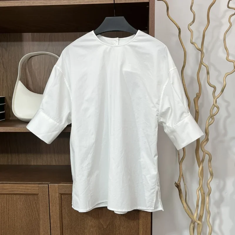 Minimalist Style Loose and Comfortable Round Neck Pullover Short-sleeved Shirt Women Blouse