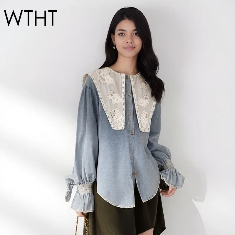 

WTHT модная женская джинсовая рубашка с вышивкой бабочки и шалью, осень 2022, расклешенная свободная блузка с длинными рукавами, женская 1LS2320