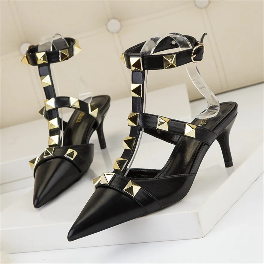 Summer Woman Shoes 6cm High Heels Rivet Buckle Women Pumps Sexy Hollow Party Female Sandals Pointed Soft Leather Ladies Footwear