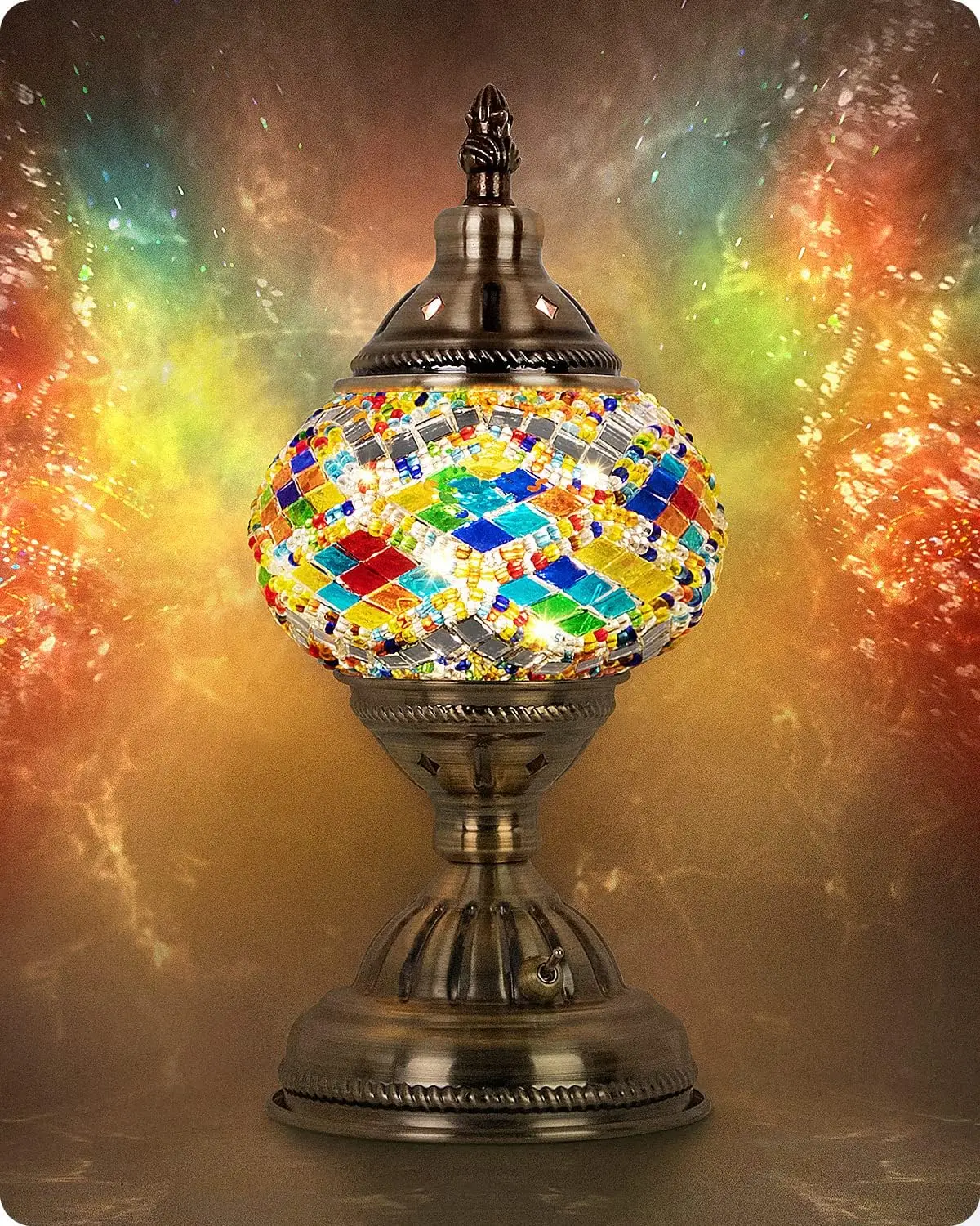 

Turkish Moroccan Lamp with Bronze Base, Handmade Tiffany Mosaic Glass, Portable Rechargeable LED Bedside Lamp (2000mAh Battery)