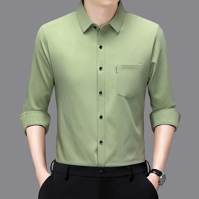 Camisa masculina de chiffon de manga comprida de alta qualidade com bolso cor sólida nova camisa versátil na primavera outono