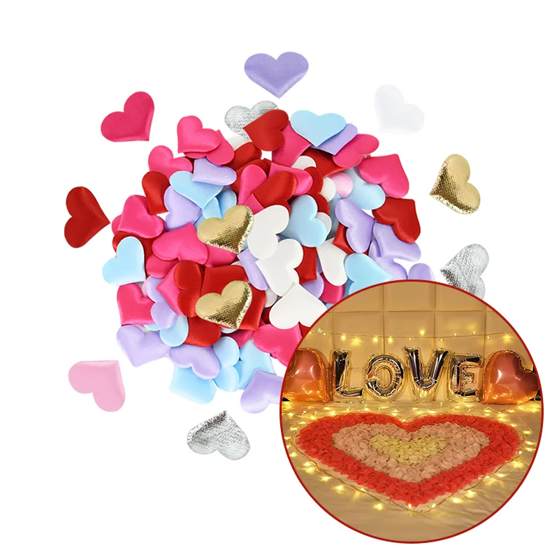 

100Pcs Romantic Sponge Satin Fabric Heart Petals Padded Fabric Throwing Petals Love Heart Table Bed Wedding Valentine Decoration