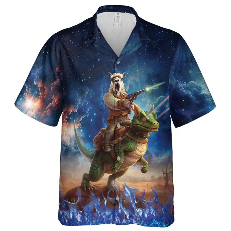 Fashion Hip-hop Alpaca Pattern Shirt Men's Clothing Galaxy Camel Short Sleeved Fun Animal Sheep Shirt Button Up Boys' Top