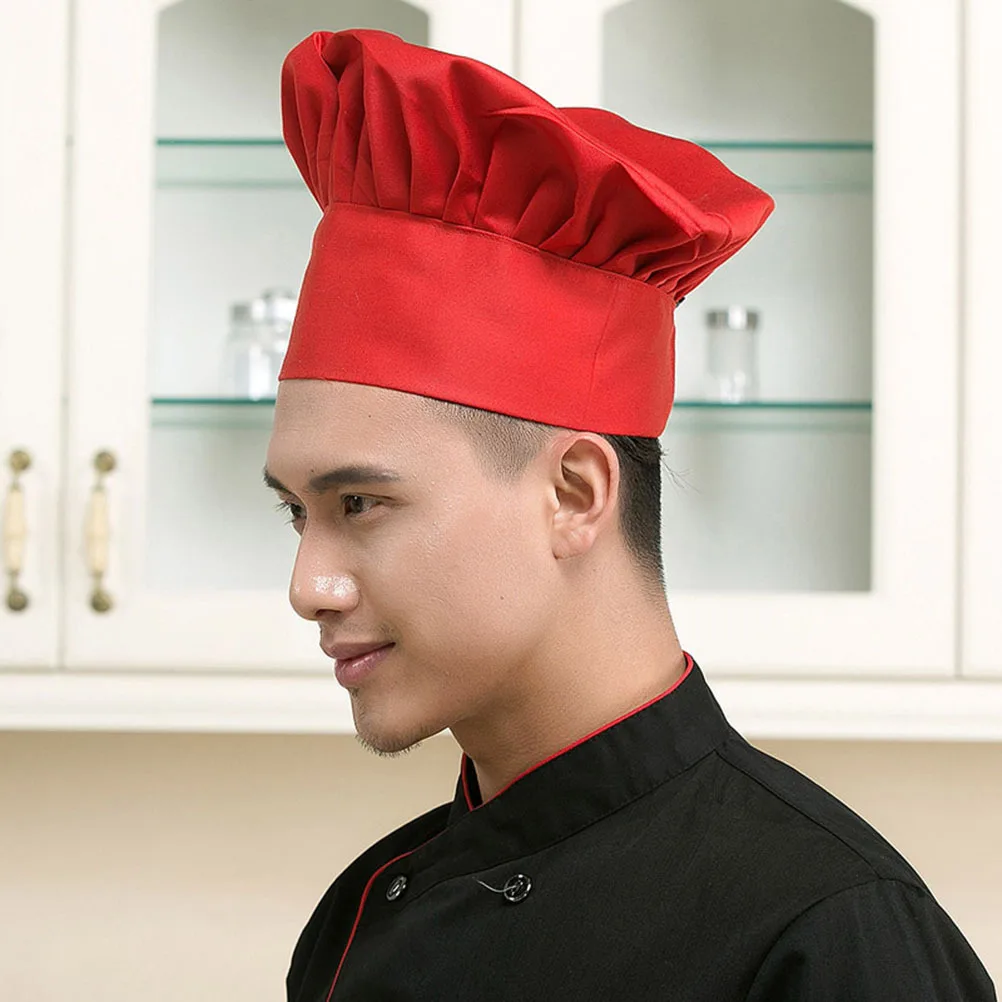 Mushroom Style Chef Hat Red Polyester Cotton Blend Unisex Reusable Kitchen Restaurant Cook Cap For Cafes Pubs Hotels