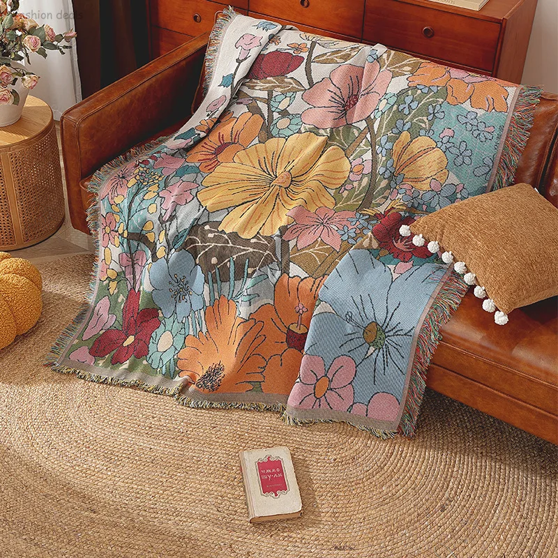 

Cotton Linen Woven Floral Picnic Mat Outdoor Camping Moisture-Proof Blanket Sofa Throw Blanket Tapestry Three Uses One Blanket