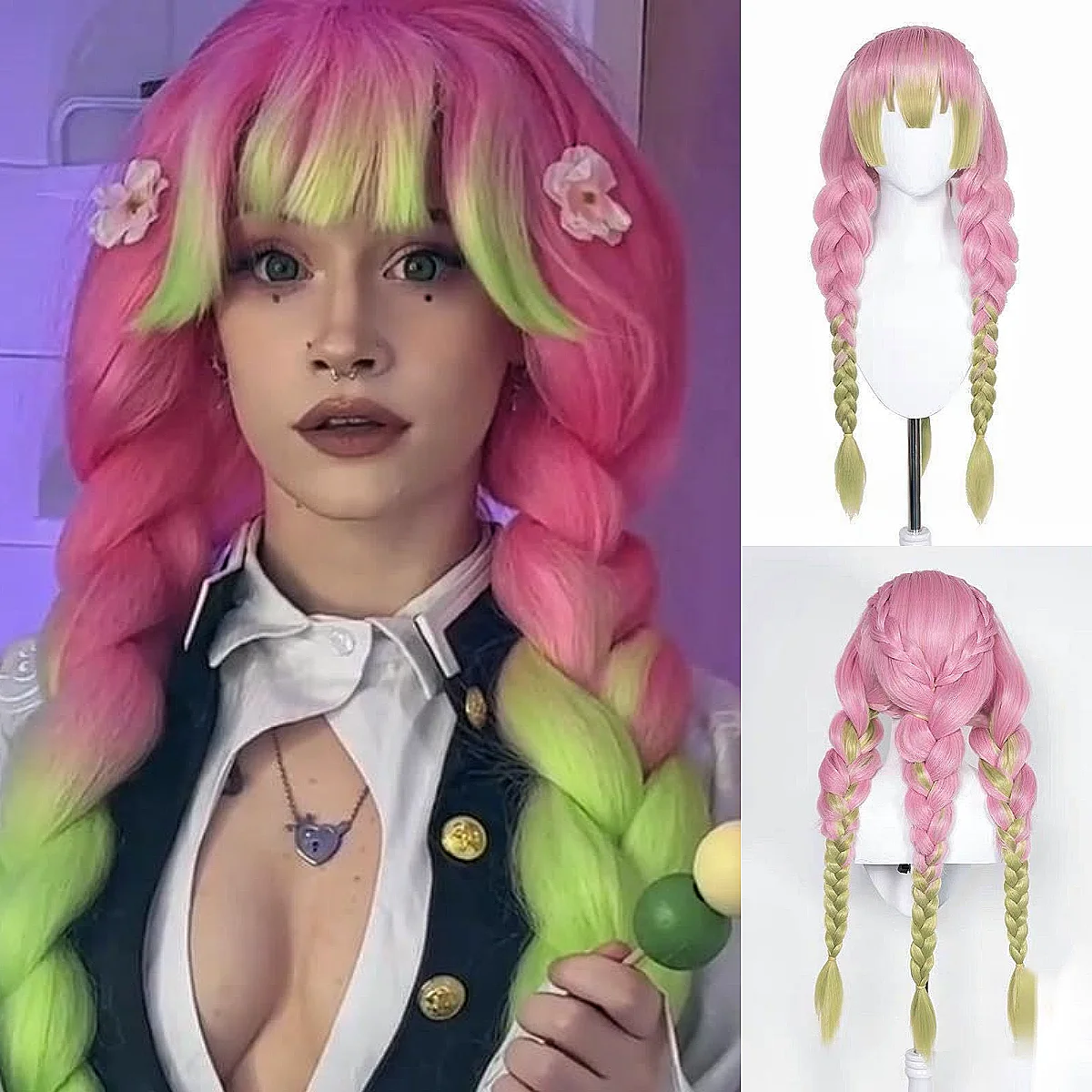 New Braided Wigs Anime Kanroji Mitsuri Cosplay Wigs Thickened Gradient Twist Braid Synthetic Lolita Wig