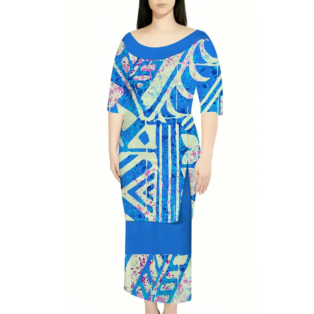 

1MOQ Custom Tonga Puletasi Slit Island Design Ladies Boat Neck Dress Hawaiian Polynesian Print Dress Two Piece Set Outfits