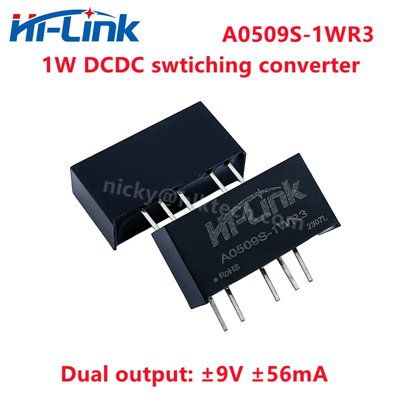 

Free Shipping HiLink A0509S-1WR3 5pcs/lot integrated circuit converter 1W Dual Output ±9V ±56mA DCDC Switching power module