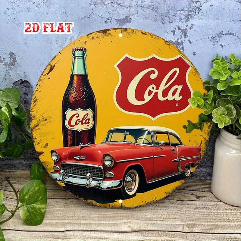 2D flat, 1pc retro red car and cola drink wooden sign - country classic car decoration home