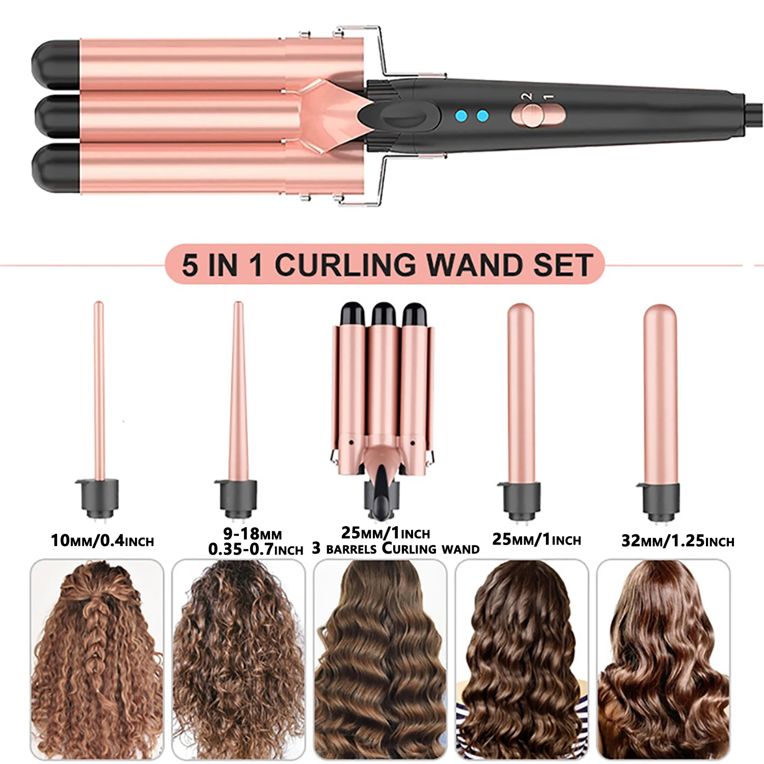 5 in 1 Hair Waver Curling Iron,3 Barrel Hair Crimper with Fast Heating Up, 0.4-1.25 Inch Crimper Wand Curler for All Hair Types