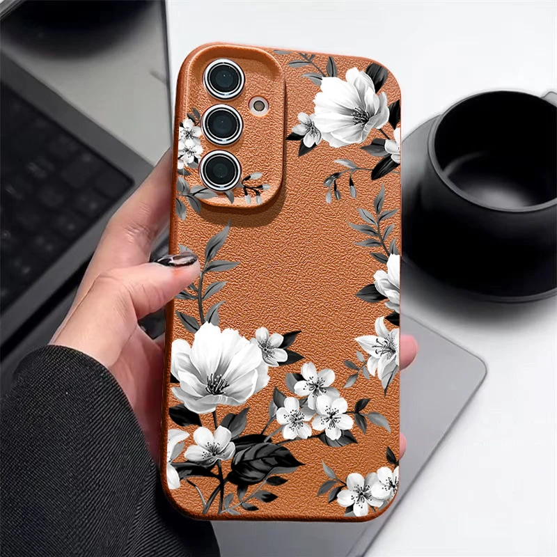 Case For Samsung Galaxy S25 S23 S22 Ultra S24 FE A56 A36 A16 A55 A15 A54 A35 5G Flowers Pattern Leather Texture TPU Phone Cover