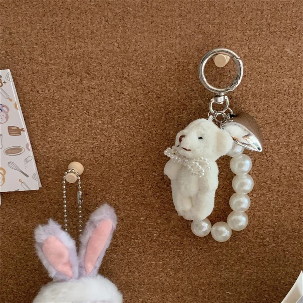 Korean Cute Fluffy Plush Bear Pearl Bowknot Pendant Keychain For Car Keys iPhone Accessories Trendy Heart Keyring Women Handbag