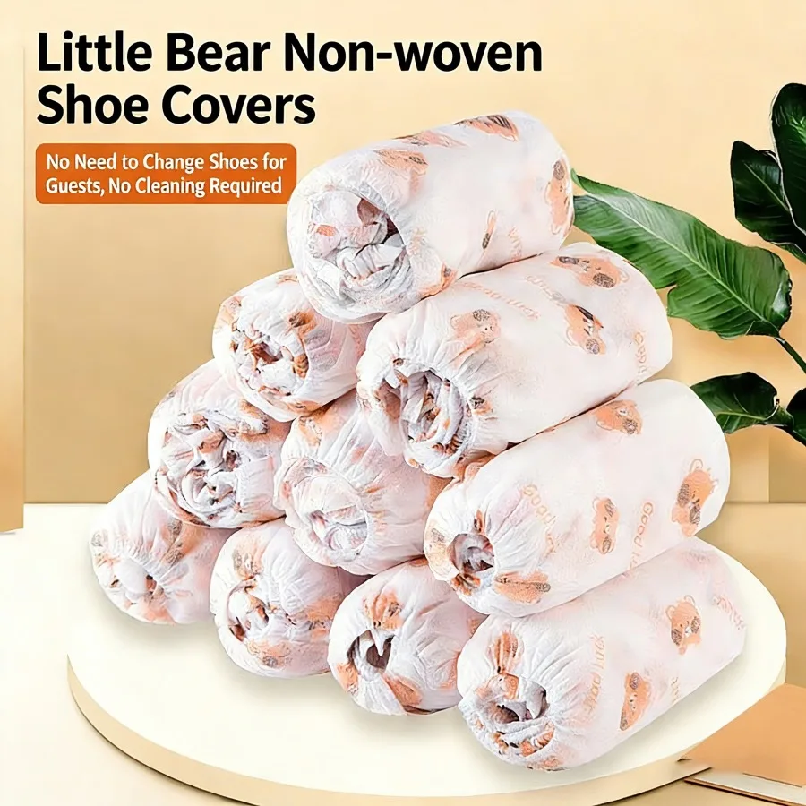 

50 шт. одноразовых бахил с милым рисунком медведя, нескользящие, водонепроницаемые, из нетканого материала, для защиты дома и помещений