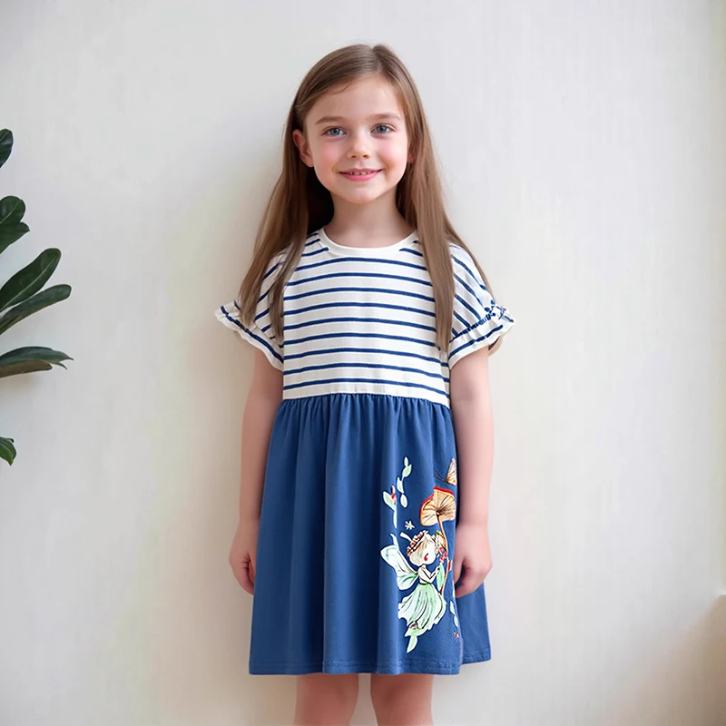 Little Maven Einteiliges Kleid für Babys, Mädchen, Cartoon-Engel, Prinzessin, gestreift, Mädchen-Freizeitkleider, 2026, Sommer, 4 Jahre, Mädchenkleidung