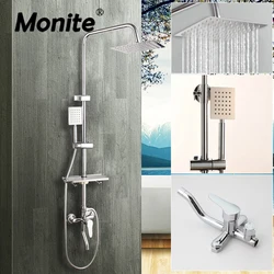 Monite 8 Inch Rainfall Chrome Polish Shower Faucet Wall Mounted Bathroom Shower Set Adjust Height Handheld 3 Ways Mixer Faucet