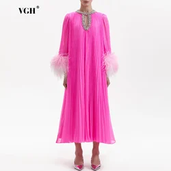 VGH Elegant Solid Patchwork Diamonds Dresses For Women Round Neck Long Sleeve Spliced Feathers Loose Folds Dress Female Fashion