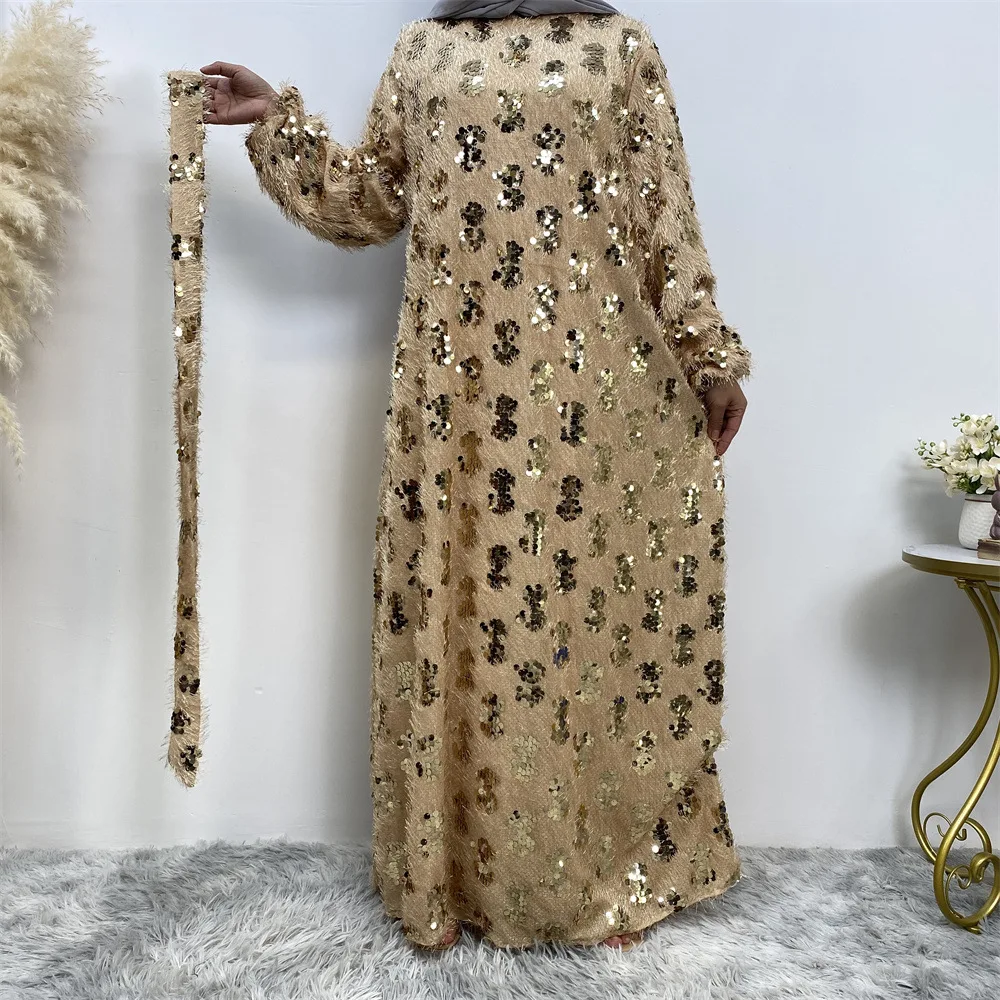 

Light Luxury Sequin Women's Abayas Long Sleeve O-neck Ladies Dress Middle Eastern Dubai Turkey Solid Daily Muslim Dress Women