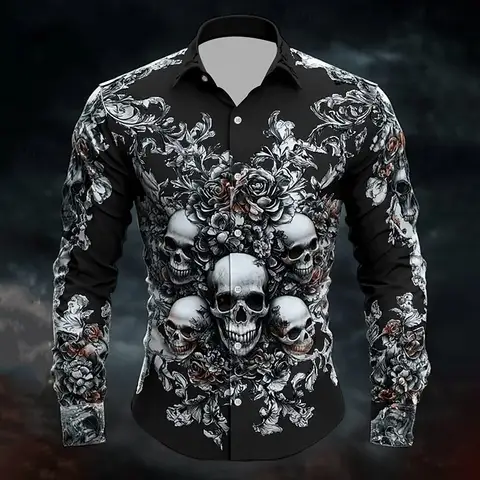 2025 Halloween Theme Men's Halloween Costumes Skulls Shirt Button Up Shirt Casual Dress Shirt Long Sleeve Dark Gothic Style Tops