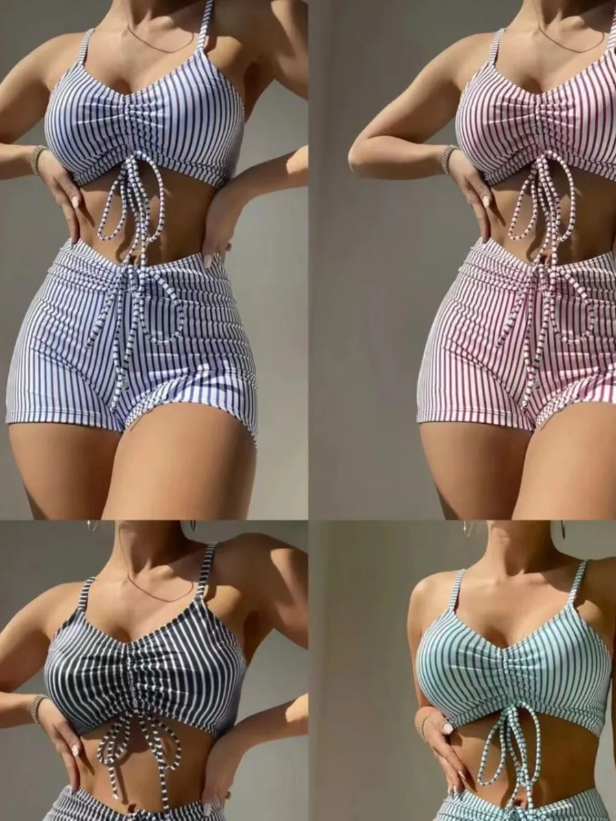 

Seductive Bikini Striped High-Waisted Seaside Bikini Ruffle Push-Up Removable Bikini Adjustable Tie Back-Closure Swimsuit