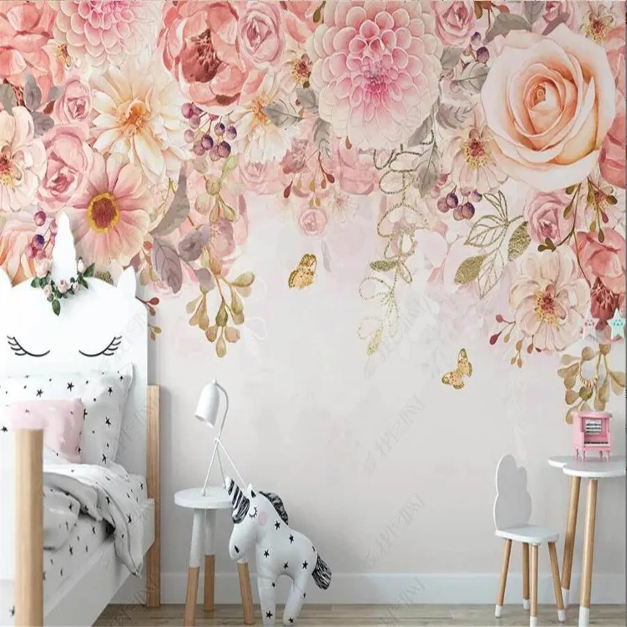 

Custom photo wallpaper hand-painted pastoral romantic flowers interior background wall