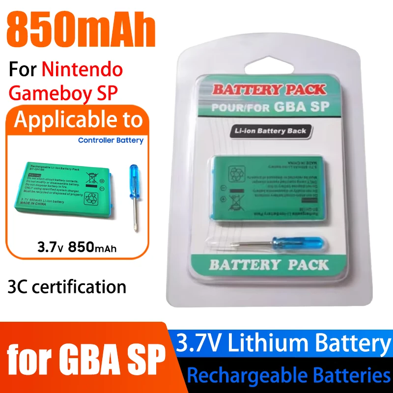 بطارية مدمجة لنينتندو GBA GameBoy Advance SP وحدة تحكم الألعاب استبدال بطارية ليثيوم أيون 3.7 فولت 850 مللي أمبير في الساعة مع أداة مفك البراغي