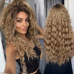 Synthetic Long Hair Curly Wave Wig for Woman Natural Brown Wig with Clip Free Part Bangs 80s Curly Wigs Female Ombre Color Wig