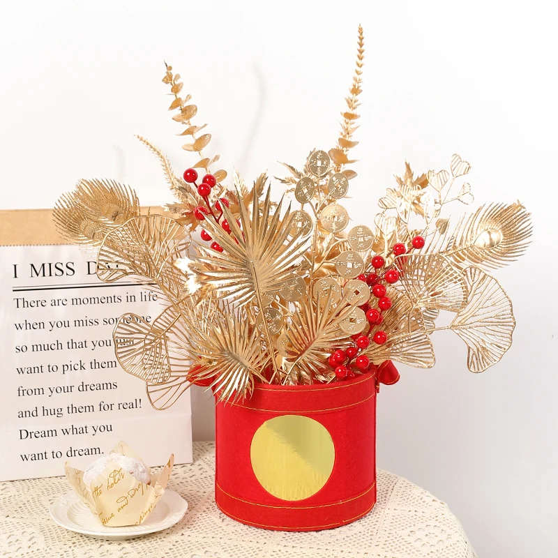 Golden Artificial Plants New Year 2024 Ornaments for Home Room Decor Navidad Christmas Decoration Fake Flowers Vase Accessories