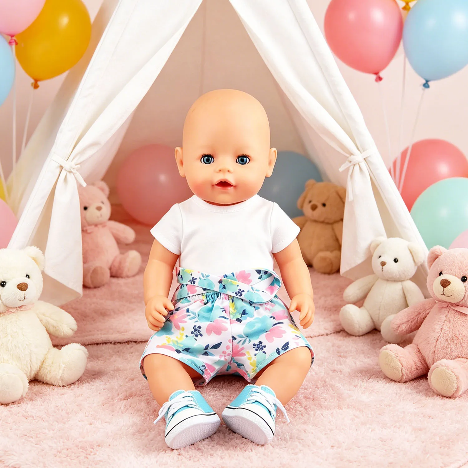 Floral Doll Outfit White Basic Tee Floral Belted Shorts & Cyan Canvas Sneakers for 18