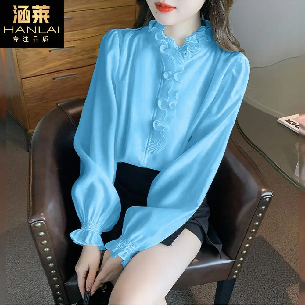 Lace Chiffon Shirt for Women in Spring Standing Collar Flower and Wood Ear Splicing Long Sleeved Elegant Versatile Top