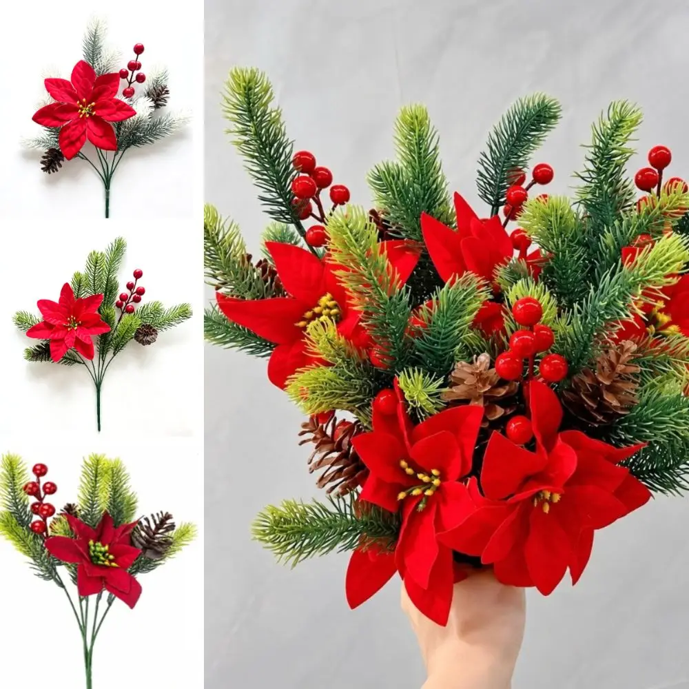 5Pcs Realistic Artificial Christmas Pine Handcraft Elegant Poinsettia Flower decorative Fake Red Berry Artificial Green Plant