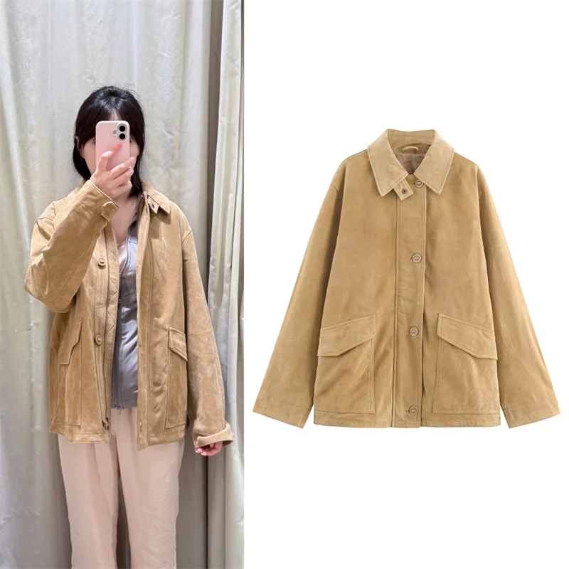 

Женское пальто, осень 2021, новый стиль, верблюжий цвет, замшевая куртка с длинными рукавами, повседневная свободная простая модная куртка