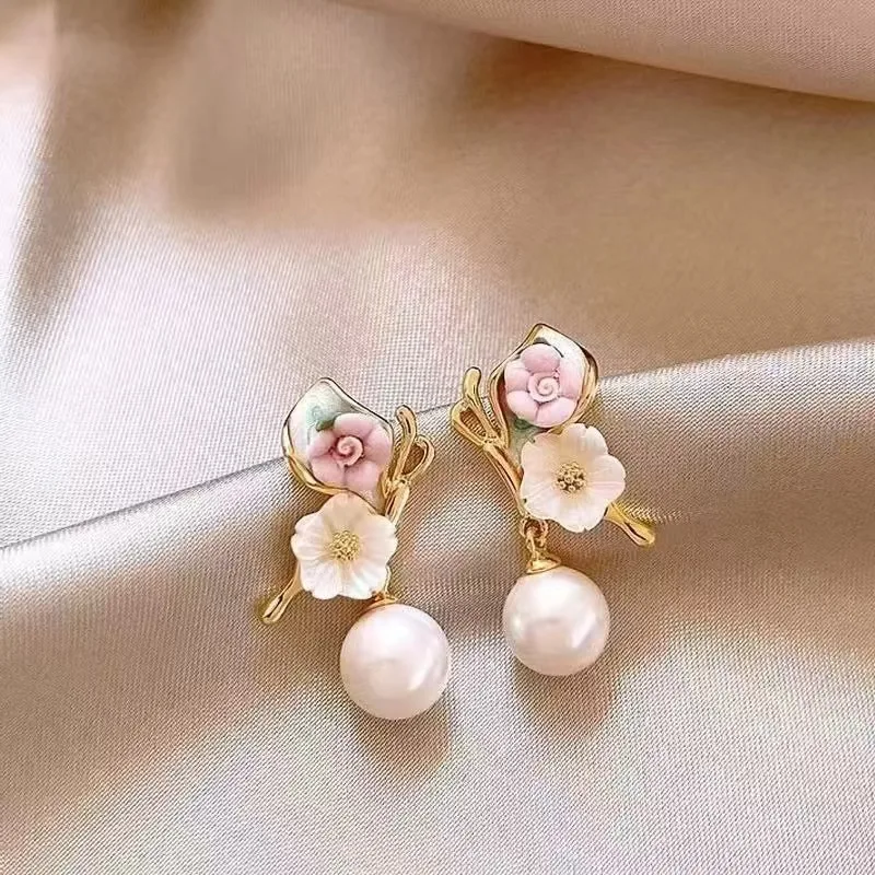 Romantic Floral Pearl Drop Earrings Rose Gold Plated Sparkling Enamel Pearl Earrings Ideal for Valentine Anniversary Gift Women