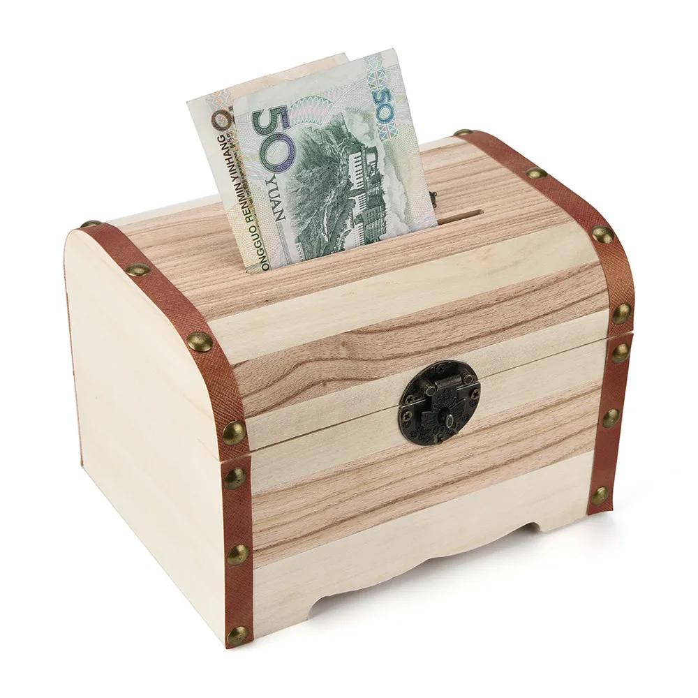 صندوق مجوهرات خشبي صندوق تخزين خشبي عتيق مع قفل ومفتاح آمن توفير حصالة خشبية لتوفير المال #2