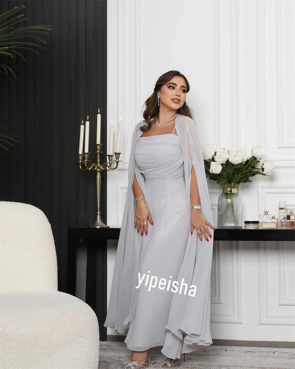 Vestido de formatura com alça de espaguete, Vestido de baile, Arábia Saudita Prom Satin, Festa drapeada, Vestido de ocasião personalizado, Vestidos Midi