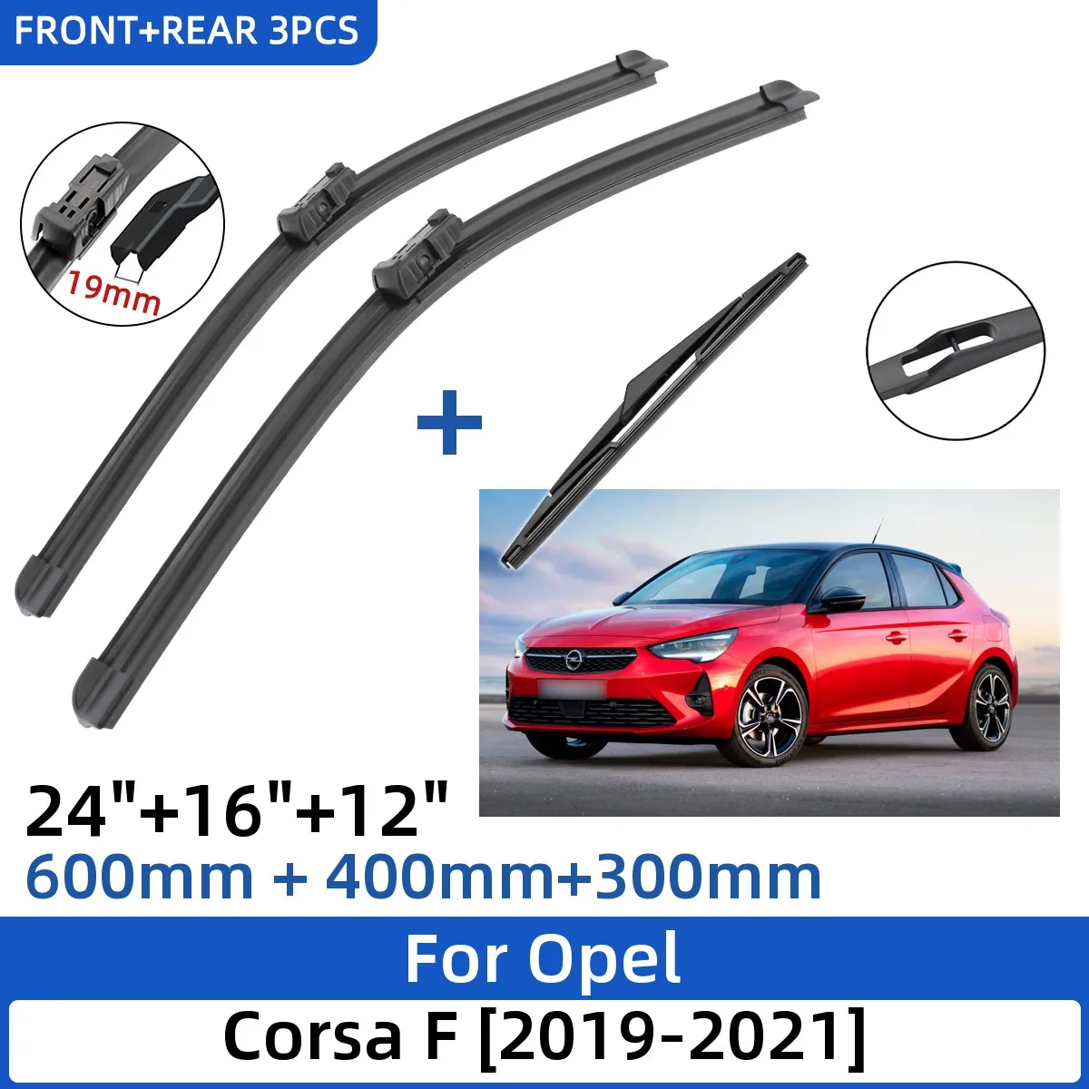 

3PCS For Opel Corsa F 2019-2021 24"+16"+12" Front Rear Wiper Blades Windshield Windscreen Window Cutter Accessories 2019 2020