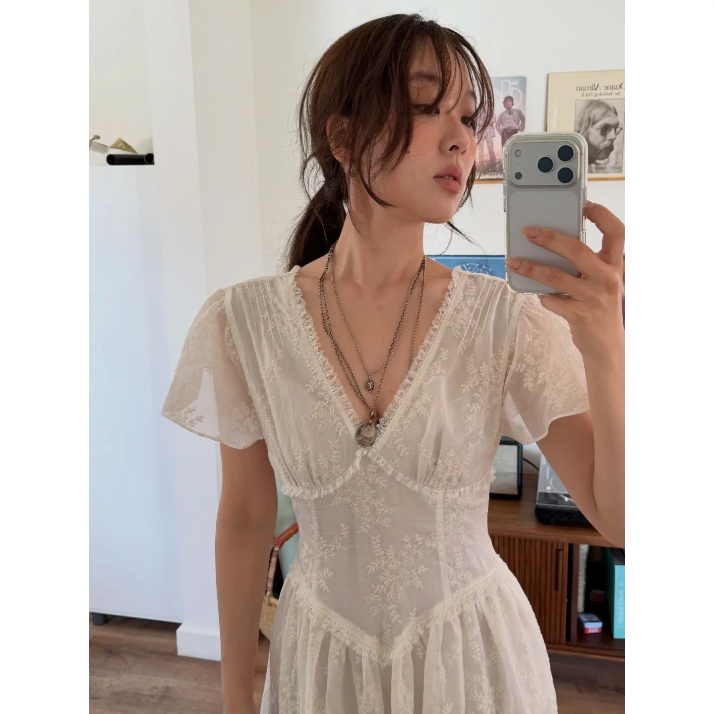 

Chic Casual Embroidered Lace Dress Waist Cinched Short Sleeve V Neck Women's Fashion Spring Autumn Winter Street Style School...
