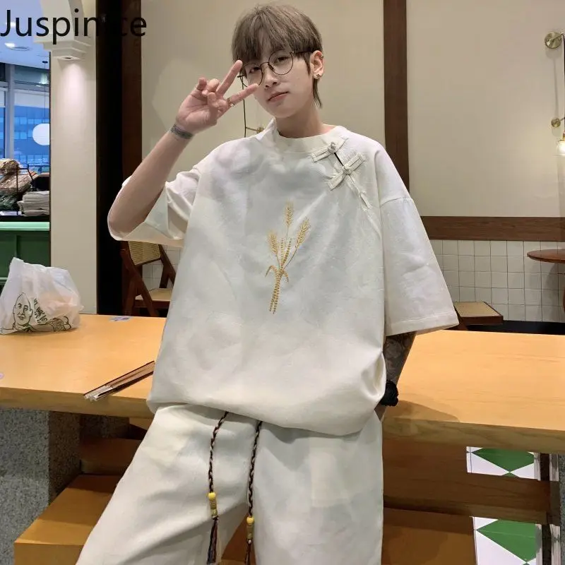 

Summer Chinese Style Embroidered T-shirt Shorts Suit Fashion Handsome Loose Casual T-shirts Five-quarter Pants Set Male Clothes