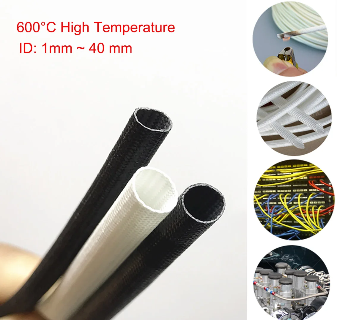 1/2/5M Black/White 600℃ High Temperature Braided Soft Fiber Tubing Insulation Cable Sleeving Fiberglass Tube Dia 1-50mm