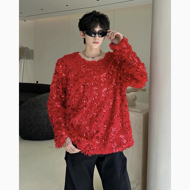 Trendy Hairy Design Sequins Unisex Pullovers Tops Autumn Long Sleeve O-Neck Men T-shirt Sexy Dance Stage Performance Costume