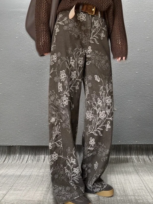 

Spring High Waist Straight Leg Jeans Women's Faion Print Embroidery Long Pants Slimming Effect Casual Sle Multi ket