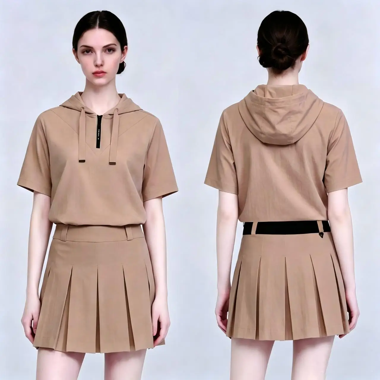 Women's New Summer Golf Apparel: Short-Sleeve Hooded Top and A-Line Pleated Skirt—A Casual, Flattering Set
