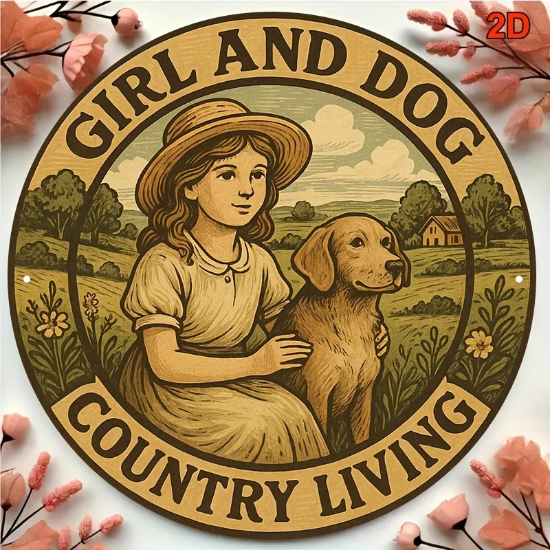 2D flach – 1 Stück Vintage rustikales Bauernhaus-Dekor, rund, 20,32 x 20,32 cm, Aluminiumschild – Mädchen- und Labrador-Hund, Landhaus-Szene, Haustier-