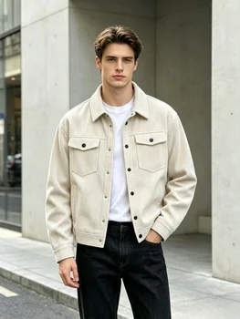 Men's Vintage Corduroy Jacket Casual Loose Fit Trucker Coat Turn-Down Collar Button Down Work Jacket With Chest Pockets Spring A 3