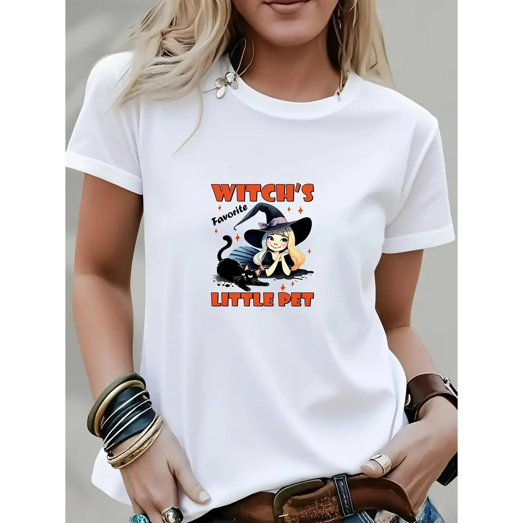 

Cute Witch Graphic Tee Women's T-shirt Black Cat Halloween Spooky Funny Cartoon Loose Top
