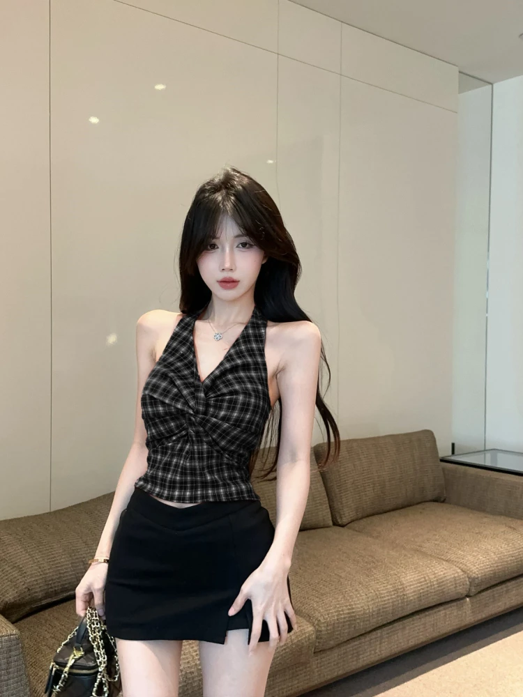 Sexy Glitter Checkered Halter Vest Top V-Neck Sleeveless Slim Fit Women Summer Niche Design Twist Knot Dopamine Style