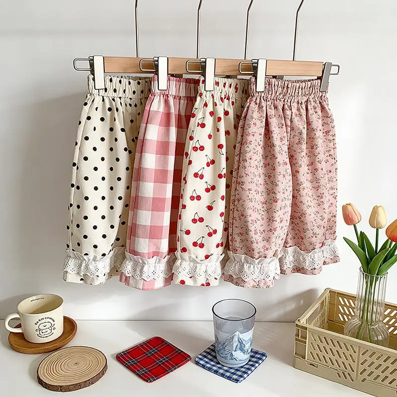 Summer New Girls Korean Loose Seven Quarter Trousers Plaid Polka Dot Cherry Floral Lace Edge Cute Kids Casual Pants