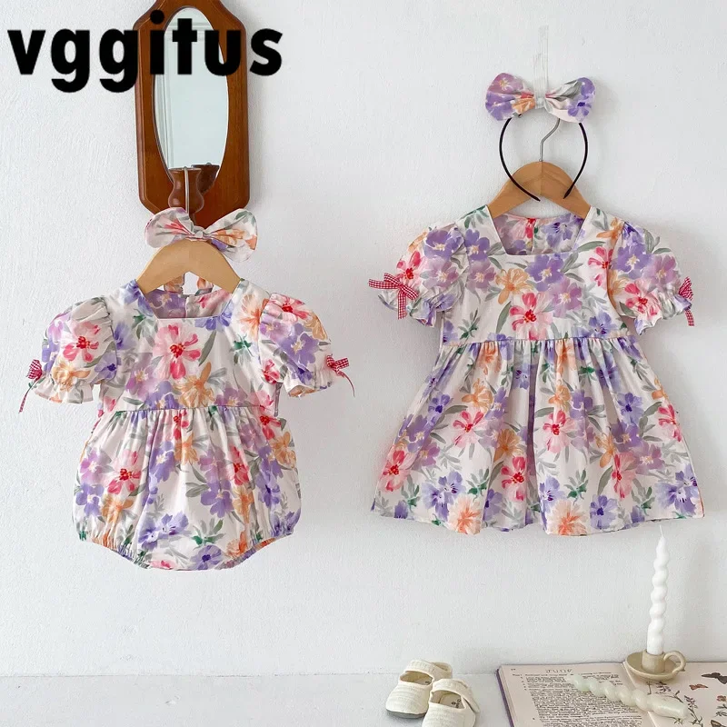 New Summer Sister Match Outfits Princess Dress Sister Baby Girls Clothes Puff Sleeve Floral Romper Cotton Dress H2217