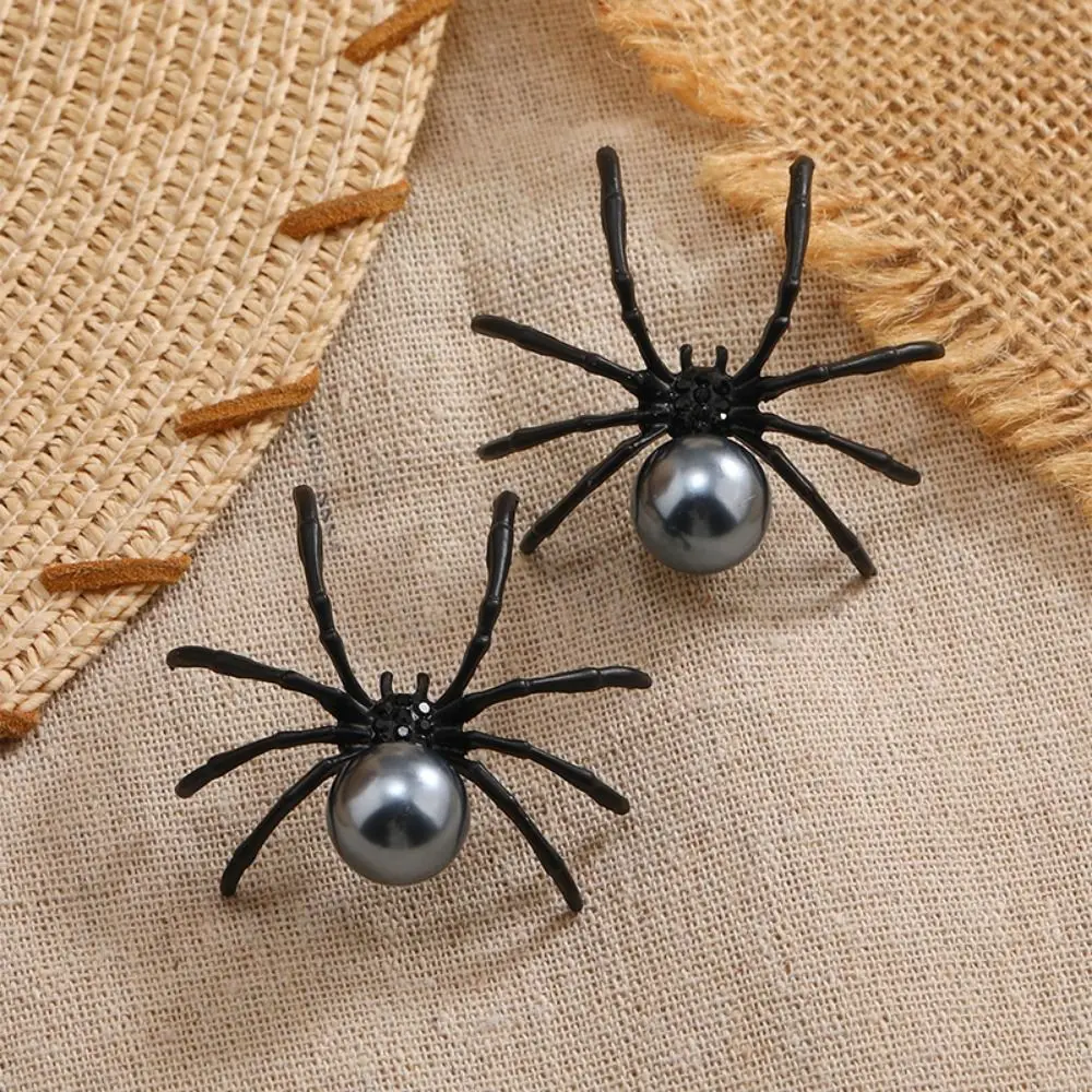 1Pair Durable Halloween Spider Insect Spider Earrings Exaggerated Personality Punk Ear Stud Alloy Black Pearl Jewelry For Women