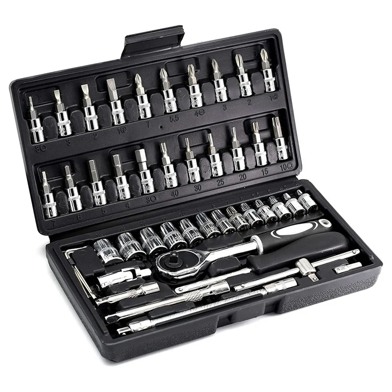 46PCS Drive Socket Set,Metric Ratchet Wrench Set With CR-V Sockets,S2 Bits,Mechanic Tool Kits For Household Auto Repair